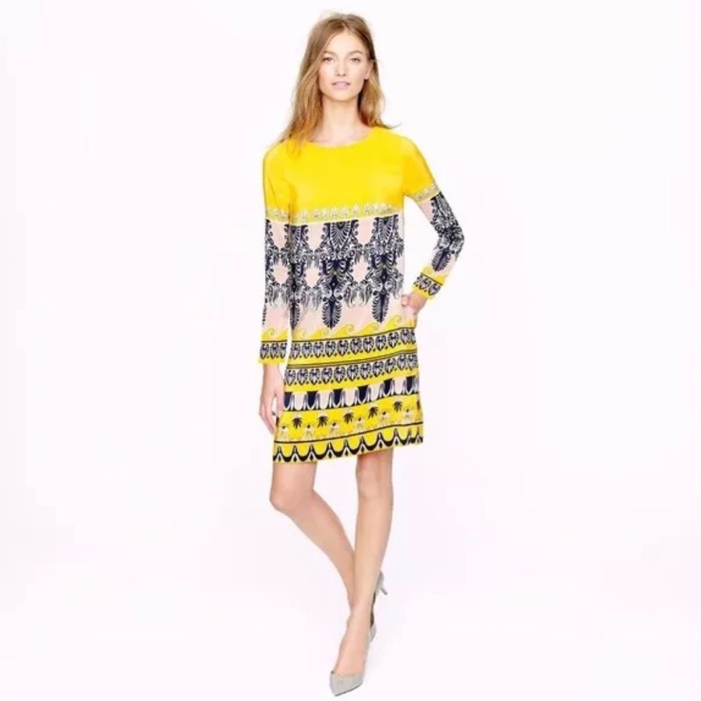 J Crew 00 Silk Jules Dress, Mustard Yellow & Navy Blue Paisley With 3/4 Sleeve